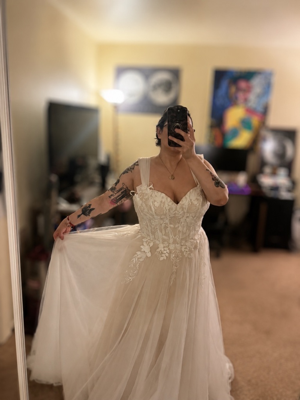 Ivory Floral Appliqué Wedding Dress with Sheer Tulle Skirt